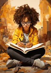 Bipoc, young African American girl with afro hair, curly hairstyle and glasses doing homework for school. Digital illustration, concept of culture among children and importance of school education