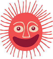 Awesome funny red sun with a charming smiling face and big lips