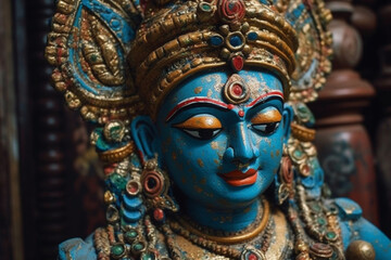 Close-up of colorful statue of vishnu hindu god in temple. Saraswati devi Goddess, Happy Vasant Panchami Indian festival, Goddess Maa Saraswati, Indian God. Created with Generative AI Technology.