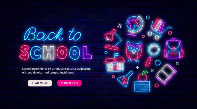Back to school neon promotion template. Circle layout with icons. Sale or party invitation. Vector stock illustration