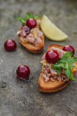 bruschetta with tuna tartar and cherry.
