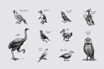 Extinct species. Wild mammal animals and birds. Dodo, Moa, Tasmanian wolf, Quagga. Aurochs. Blue antelope. Hand drawn vector engraved sketch. Graphic vintage style.  © artbalitskiy