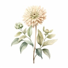 Pastel Beige Zinnia Eucalyptus Watercolor Illustration