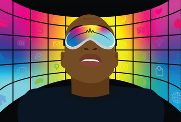 African American Man Using New Mixed Reality, Spacial Computer, AR, Virtual Reality Goggle Headset Device Technology, Helping Blend Everyday Life; On His Screen it’s Displaying, Featuring  3D Apps.