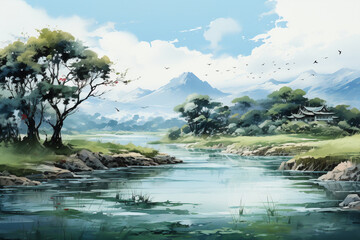 Riverside scenery, tender green weeping willows, slender leaves of weeping willows, grass, flowing river. AI generative