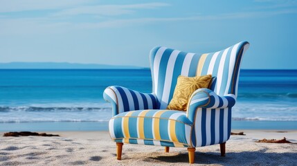 Blue and white empty armchair on the beach. AI generated