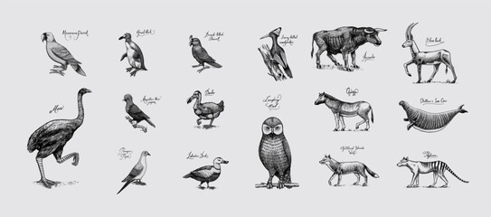 Extinct species. Wild mammal animals and birds. Dodo, Moa, Tasmanian wolf, Quagga. Aurochs. Blue antelope. Hand drawn vector engraved sketch. Graphic vintage style.  © artbalitskiy