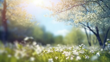 Flowering trees and a meadow of flowers in spring. AI generated