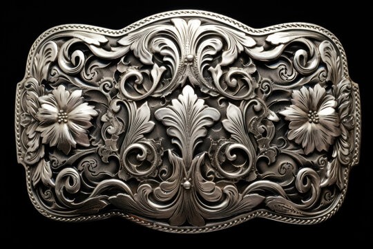 close up of metal cowboy belt buckle isolated on a black background