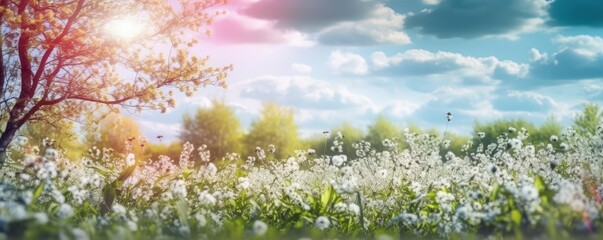 Flowering trees in spring, surrounded by a meadow full of flowers. AI generated