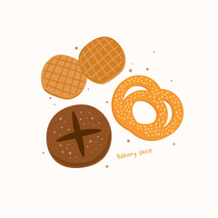 Collection of bakery products. Flatbreads, bun, roll. Cartoon vector illustration on a light isolated background.
