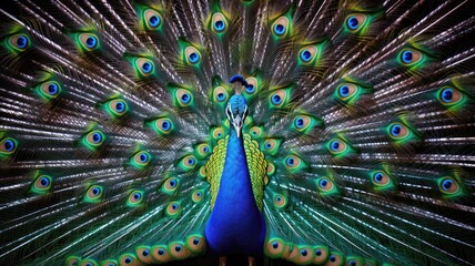 Obraz premium Magnificent peacock, resplendent in vibrant plumage, spreads its iridescent feathers in a dazzling display, captivating all who behold, formidable vintage style. Generative AI