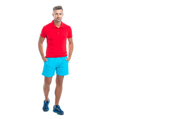 sportsman has break after working, banner. sporty sportsman in sport clothes isolated on white. Sportsman wear sports uniform and looking at camera. athletic sportsman in working out over studio