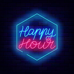 Happy hour neon lettering sign. Honeycomb frame. Handwritten quote. Vector stock illustration