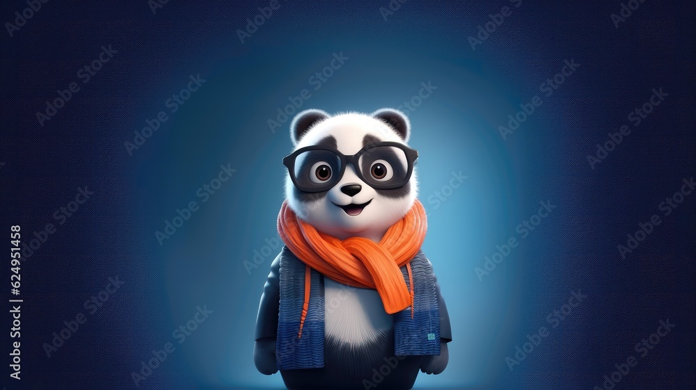 Wall mural Panda accessorized with a fashionable scarf, 3D cartoon style. Generative AI