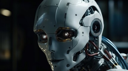 Close-up view of the robot's head. New AI technologies