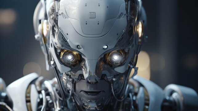 Close-up of a cyborg's head. New AI technologies