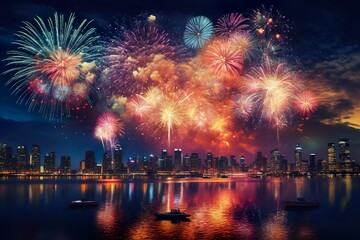 Fototapeta premium Colorful beautiful fireworks over city at night | Generative AI
