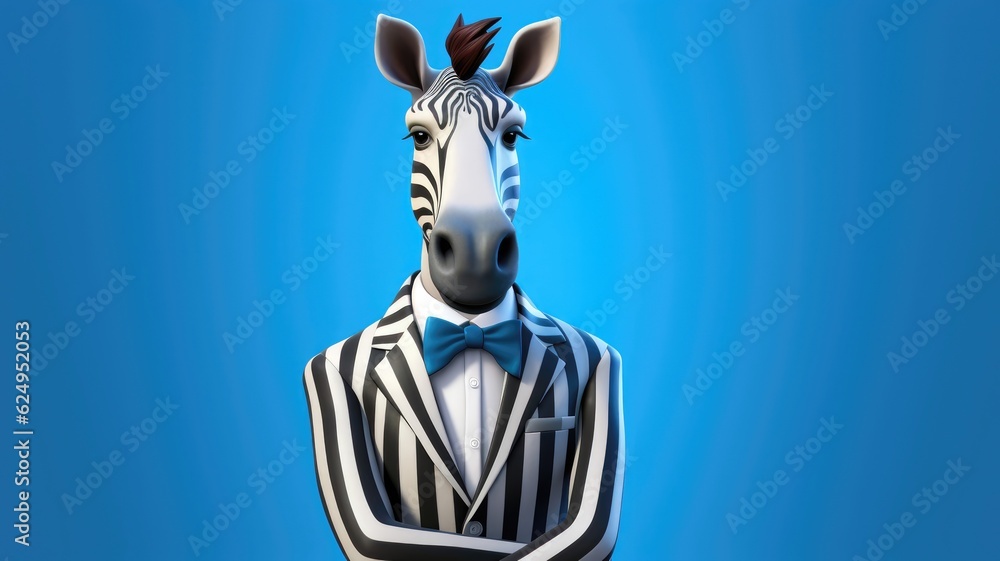 Sticker Zebra wearing a vibrant bow tie, 3D cartoon style. Generative AI