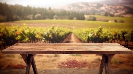Fototapeta premium An old wooden table in the backdrop of nature. AI generated