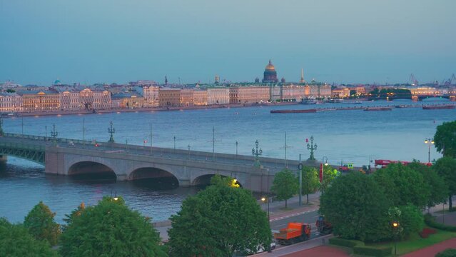 Saint-Petersburg, Russia - Jun 25 2023, 4k, aerial view, evening view of the Hermitage, Palace Embankment and St. Isaac's Cathedral, Neva river, Saint-Petersburg, Russia