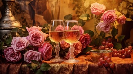 Obraz na płótnie Canvas Two glasses of wine on a brown background. Beautiful roses are lying on a wooden table. Romantic dinner. Generative AI