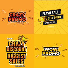 Crazy promo, wow promo,flash sale best offer,crazy discount biggest sale, abstract comic boom sale banner yellow promotion