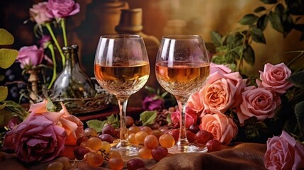 Two glasses of wine on a brown background. Beautiful roses are lying on a wooden table. Romantic dinner. Generative AI