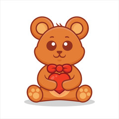 Cute Bear With Bow Tie Holding Heart Cartoon Vector Illustration. Cute Animal Isolated On White Background. Flat Cartoon Style.