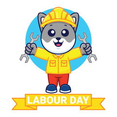 Cute Cat Holding Wrench Labour Day Vector Cartoon Illustration. Animal Work Icon Concept Isolated. Flat Cartoon Style