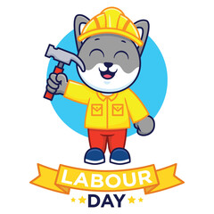 Cute Cat Labour Day Vector Cartoon Illustration. Animal Work Icon Concept Isolated. Flat Cartoon Style.
