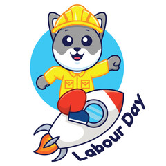 Cute Working Cat Riding A Rocket Cartoon Vector Illustration. Labor Day Concept Icon Isolated. Flat Cartoon Style.