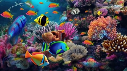 Group of colorful fish and sea animals with colorful coral. Reef with a variety of hard and soft corals and tropical fish. Generative AI