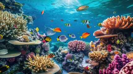 Naklejka na ściany i meble Group of colorful fish and sea animals with colorful coral. Reef with a variety of hard and soft corals and tropical fish. Tropical vacation. Generative AI