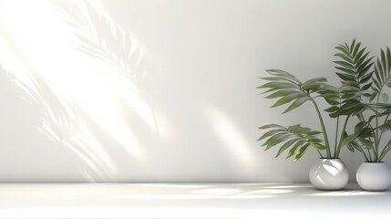 Fototapeta na wymiar Potted plants against an empty white wall. The shadow of a plant on the wall. Generative AI