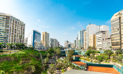 Miraflores, Lima, Peru. Urban landscape. View of residential buildings near the Pacific Ocean - 624953411