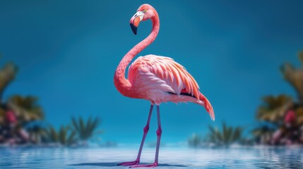 Beautiful flamingos on a blue background. Tropical bird. Generative AI