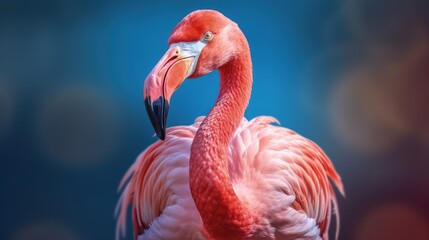 Obraz premium Portrait of a pink flamingo on a blue blurry background, close-up. Tropical bird. Generative AI