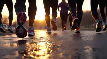 A group of athletes running cross-country trains together on a dirt track. Bottom view, legs only. Generative AI