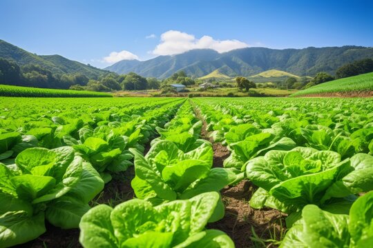 Sunny Lettuce Field with Mountain Background