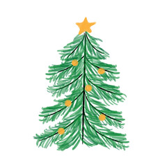 Green New Year and Xmas tree, Christmas balls and star. Felt-tip pen style.