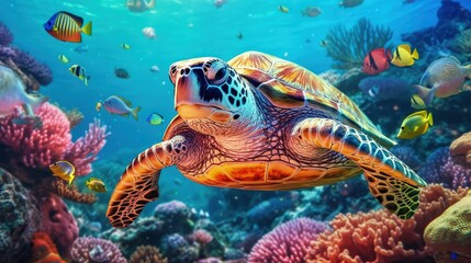 Fototapeta na wymiar A large turtle with a group of colorful fish in the ocean. Tropical animals underwater. Generative AI