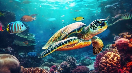 Naklejka na ściany i meble A large turtle with a group of colorful fish in the ocean. Tropical animals underwater. Generative AI