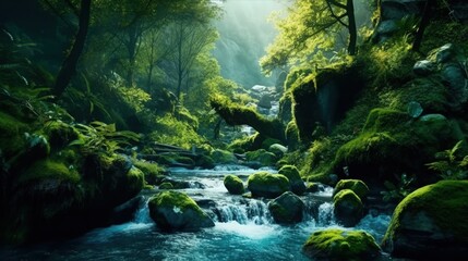 Beautiful mountain tropical waterfall with fast flowing water and rocks. Beautiful landscape. Generative AI