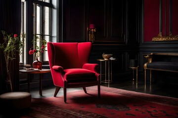 Fototapeta na wymiar Settle into the elegant dark room with an empty red armchair, offering a moment of tranquility and introspection. Ai generated