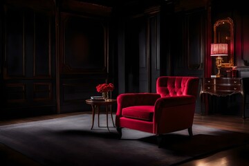 Settle into the elegant dark room with an empty red armchair, offering a moment of tranquility and introspection. Ai generated