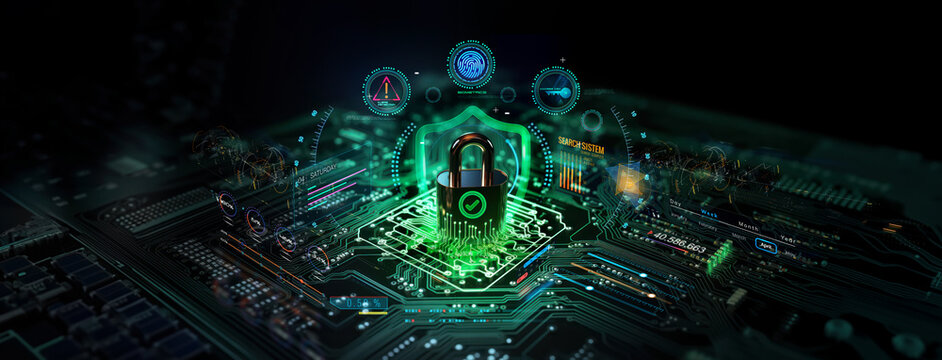 secure connection or cybersecurity service concept of compute motherboard closeup and lock with login and connecting verified credentials as wide banner design with copyspace area - Generative AI