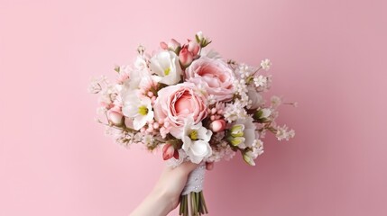 Wedding banner. Beautiful bridal bouquet of the bride on the pink background. Wedding concept. Generative AI