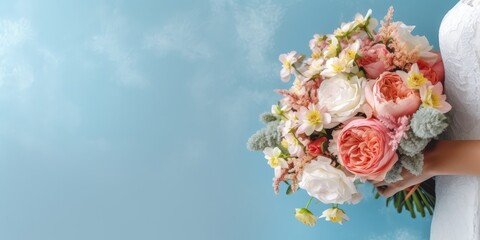 Wedding banner, place for text. Beautiful bridal bouquet of the bride on the blue background. Wedding concept. Generative AI