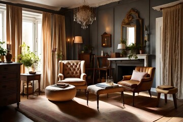 Enter the modern vintage interior of the living room, a haven of retro chic. Ai generated